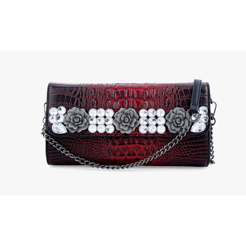 Red Crocodile Embossed Faux Leather Sparkling Rhinestone Rose Crossbody Wallet